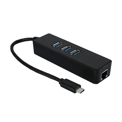 Concentrateur USB C à boîtier assemblé noir avec cordon adaptateur Ethernet